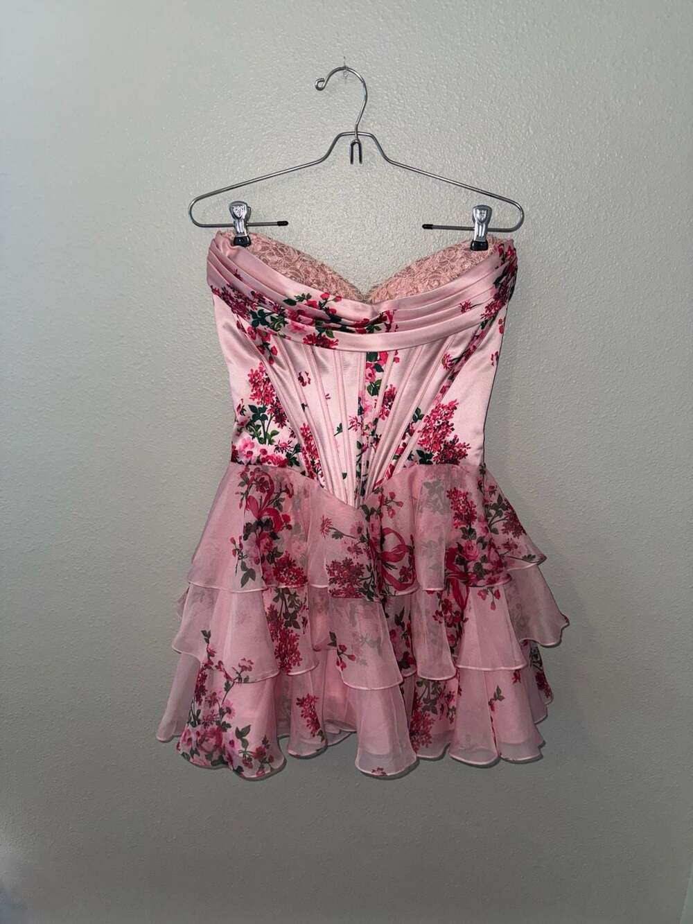 Sherri Hill Pink Floral Strapless Corset Mini Dress Size 10